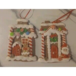 Christmas Ornaments Gingerbread House Set Of 2  Cottage  Whimsical Candy Sweet